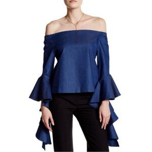 Gracia Denim Off Shoulder Ruffled Long Sleeve Top